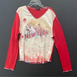 FANG Girl’s Long Sleeve T-Shirt “New York” Printed Red Glitter Y2K Vintage NWOT
